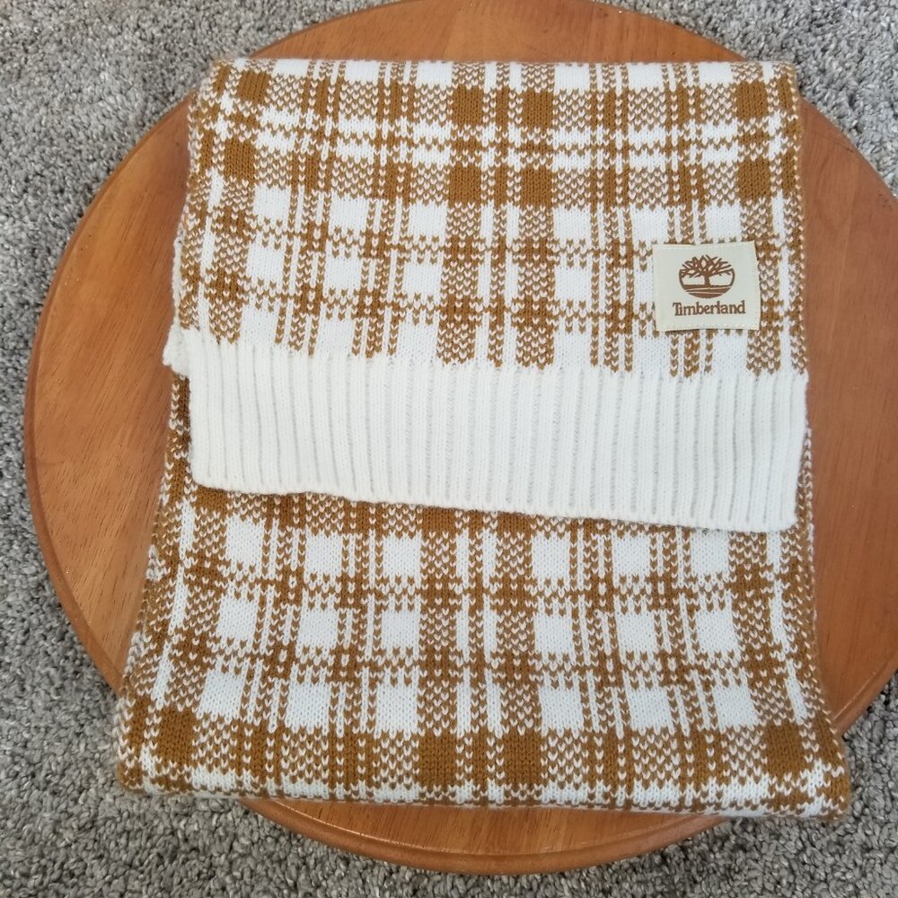 NWOT Timberland Scarf Cognac & Ecru Plaid Acrylic 10 X 68  Was $60.00